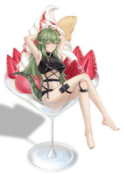 Rule 34 | 1girl, absurdres, antenna hair, arknights, armpits, arms up, bad id, bad pixiv id, bare legs, bare shoulders, blush, breasts, chinese commentary, commentary request, crocodilian tail, crossed legs, cup, da akana xiv, drinking glass, food, gavial (arknights), green hair, green nails, grin, highres, ice cream, long hair, looking at viewer, medium breasts, nail polish, navel, official alternate costume, parted lips, pointy ears, pouch, shadow, simple background, sitting, smile, solo, stomach, tail, thigh strap, thighs, toenail polish, toenails, underboob, white background, wine glass, yellow eyes