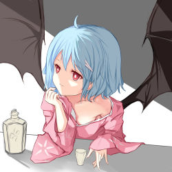 Rule 34 | 1girl, alcohol, alternate costume, bad id, bad pixiv id, bare shoulders, bat wings, blue hair, collarbone, cup, drinking glass, hair ornament, hairclip, japanese clothes, kimono, long sleeves, no headwear, no headwear, off shoulder, pink eyes, remilia scarlet, sake, solo, sseopik, touhou, wide sleeves, wings
