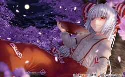 Rule 34 | against tree, baggy pants, blunt bangs, bow, buttons, cherry blossoms, collared shirt, cup, falling petals, fujiwara no mokou, full moon, hair bow, hand in pocket, hime cut, long hair, long sleeves, moon, night, night sky, official art, ofuda, ofuda on clothes, pants, petals, red eyes, red pants, relaxing, sakazuki, shirt, sidelocks, sky, sleeve garter, smile, suspenders, touhou, touhou cannonball, tree, umarutsufuri, very long hair, white bow, white hair, white shirt