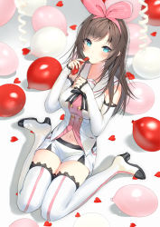 Rule 34 | 1girl, balloon, blue eyes, blurry, blurry background, blush, boots, bow, breasts, brown hair, closed mouth, detached sleeves, hairband, holding, kizuna ai, kizuna ai inc., lace, lace-trimmed legwear, lace-trimmed sleeves, lace trim, lloule, long hair, looking at viewer, multicolored hair, pink hair, pink hairband, ribbon, sailor collar, shirt, shorts, sitting, smile, solo, streaked hair, thigh boots, thighhighs, virtual youtuber, wariza