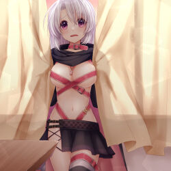Rule 34 | 1girl, ayachi nene, belt, belt bra, belt collar, black cloak, black skirt, blush, breasts, cleavage, cloak, collar, commentary, cowboy shot, curtains, eyes visible through hair, frown, grey hair, hair between eyes, half-skirt, highres, hip vent, indoors, large breasts, looking at viewer, miniskirt, navel, open mouth, pink belt, pink cloak, pleated skirt, purple eyes, ririi (ai-my talikng), sanoba witch, sidelocks, single thighhigh, skirt, solo, stomach, striped clothes, striped thighhighs, tareme, thighhighs, two-tone cloak
