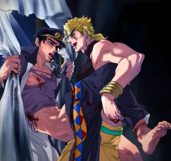Rule 34 | 2boys, barefoot, black hair, bleeding, blood, blood on chest, blood on hands, blue eyes, bruise, butt crack, clothed sex, clothes pull, crying, crying with eyes open, dio brando, gakuran, hat, implied anal, injury, jojo no kimyou na bouken, kuujou joutarou, large pectorals, leotard, less end, licking lips, long coat, male focus, multiple boys, muscular, muscular male, nipples, pants, pants pull, pectorals, rape, school uniform, scratches, shirt, stardust crusaders, suspended congress, tears, tongue, tongue out, torn clothes, torn shirt, yaoi