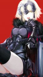 Rule 34 | 1girl, armor, black thighhighs, blush, breasts, cape, fate/grand order, fate (series), flag, fur trim, gauntlets, hair over one eye, helmet, jeanne d&#039;arc (fate), jeanne d&#039;arc alter (avenger) (fate), jeanne d&#039;arc alter (avenger) (first ascension) (fate), jeanne d&#039;arc alter (fate), labombardier!, lipstick, looking at viewer, makeup, pale skin, red background, red lips, simple background, smile, solo, thighhighs, yellow eyes