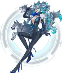 Rule 34 | 1girl, animal, animal ears, animal hair ornament, black bodysuit, black gloves, blue hair, bodysuit, breasts, bright pupils, center opening, claw (weapon), claw mark, claws, colored eyelashes, cuffs, ear piercing, elbow gloves, fang, fang out, full body, fur trim, gloves, grey eyes, grey hair, hair between eyes, hairband, hand up, high collar, high heels, highres, hip vent, licking lips, long hair, looking at viewer, medium breasts, multicolored background, multicolored hair, original, paw shoes, piercing, ponytail, sabuneko2645, shackles, sleeveless, solo, spiked hairband, spikes, standing, standing on one leg, streaked hair, tail, tongue, tongue out, v, weapon, white background, white pupils, wolf, wolf ears, wolf girl, wolf tail, zipper, zipper pull tab