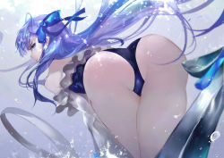 Rule 34 | 1girl, ass, bare shoulders, bent over, blue eyes, blue ribbon, closed mouth, fate (series), from behind, hair between eyes, highres, long hair, long sleeves, looking at viewer, looking back, meltryllis, meltryllis (fate), meltryllis (swimsuit lancer) (fate), meltryllis (swimsuit lancer) (second ascension) (fate), purple hair, ribbon, sleeves past fingers, sleeves past wrists, smile, solo, swimsuit, vardan, very long hair, water
