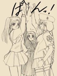 Rule 34 | 00s, 3girls, ^^^, beret, blush, bow, bracelet, braid, capelet, clenched hand, derivative work, hair bow, hat, height difference, high five, jewelry, len (tsukihime), long hair, monochrome, multiple girls, pleated skirt, reaching, school uniform, single braid, sion eltnam atlasia, sketch, skirt, smile, sweat, thighhighs, tsukihime, twintails, very long hair, yumizuka satsuki, zettai ryouiki