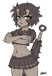 Rule 34 | 1girl, abs, brown theme, closed mouth, club, club (weapon), cowboy shot, cropped shirt, crossed arms, fang, fang out, hair between eyes, horns, kanabou, kidouko (zakusi), looking at viewer, midriff, monochrome, navel, oni, oni horns, original, pleated skirt, sailor collar, school uniform, serafuku, short hair, signature, simple background, skirt, solo, spiked club, standing, weapon, white background, zakusi