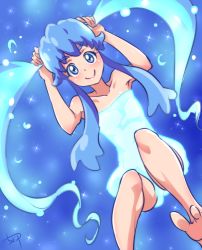 Rule 34 | 10s, 1girl, barefoot, blue background, blue eyes, blue hair, blue theme, chocokin, collarbone, eyebrows, happinesscharge precure!, henshin, lingerie, long hair, looking at viewer, matching hair/eyes, precure, shirayuki hime, sidelocks, signature, smile, solo, thick eyebrows, toes, transformation, twintails, underwear
