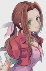 Rule 34 | 1girl, aerith gainsborough, bow, breasts, brown hair, chil0107, closed mouth, cropped jacket, dress, final fantasy, final fantasy vii, green eyes, hair ribbon, jacket, long hair, looking at viewer, pink bow, pink dress, ponytail, ribbon, simple background, smile, solo