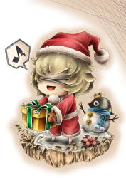 Rule 34 | 1boy, alternate costume, bandages, bandages over eyes, blind prince, blonde hair, box, chibi, christmas, crown, eighth note, flower, gift, gift box, gradient background, hat, hidefu kitayan, holding, holding box, male focus, mini crown, mittens, musical note, outline, raccoon, red mittens, santa costume, santa hat, scarf, snow, solo, spoken musical note, standing, standing on one leg, usotsuki hime to moumoku ouji