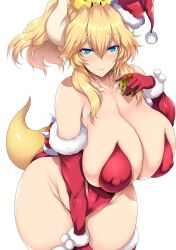 Rule 34 | 1girl, blonde hair, blue eyes, bowsette, box, breasts, christmas, cleavage, covered erect nipples, crown, elbow gloves, gift, gift box, gloves, hair between eyes, hand on own chest, hat, highres, holding, holding gift, horns, huge breasts, large breasts, leotard, mario (series), monster girl, new super mario bros. u deluxe, nintendo, plump, ponytail, red leotard, santa hat, shell, skindentation, smile, solo, spiked shell, spikes, standing, tail, thighhighs, tsukasawa takamatsu, white background