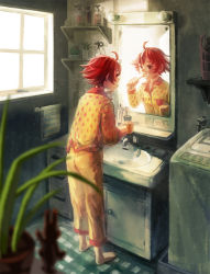 Rule 34 | 1girl, ahoge, bad id, bad pixiv id, barefoot, bathroom, blurry, blurry foreground, bottle, brushing teeth, cup, full body, holding, holding cup, holding toothbrush, long sleeves, mame usagi, mirror, original, pajamas, patterned clothing, plant, red hair, shelf, short hair, sink, solo, standing, toothbrush, window, yellow pajamas