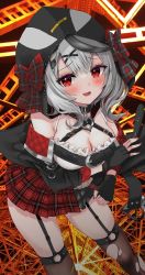 Rule 34 | 1girl, absurdres, animal hood, belt collar, black collar, black garter straps, black gloves, black hair, black jacket, black thighhighs, blush, braid, breasts, cleavage, collar, commentary, fingerless gloves, garter straps, gloves, grey hair, hair ornament, halterneck, highres, hololive, hood, hood up, hoodie, jacket, kamineshi, large breasts, looking at viewer, multicolored hair, nail polish, open mouth, orca hood, red eyes, red nails, red skirt, sakamata chloe, shirt, single braid, skirt, streaked hair, thighhighs, torn clothes, torn thighhighs, virtual youtuber, white shirt, x hair ornament