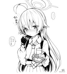 Rule 34 | 1girl, ahoge, anzu ame, blue archive, blush, box, box of chocolates, commentary request, fingerless gloves, gloves, greyscale, hair between eyes, halo, heart-shaped box, highres, hoshino (blue archive), long hair, long sleeves, looking at viewer, monochrome, necktie, nose blush, parted lips, pleated skirt, puffy long sleeves, puffy sleeves, shirt, simple background, skirt, solo, speech bubble, translation request, valentine, very long hair