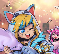 Rule 34 | 1boy, 1girl, :d, ahoge, animal hood, blonde hair, blue hair, blush, cat hood, ezreal, feathers, gloves, happy, holding, hood, hood up, league of legends, lux (league of legends), multicolored hair, one eye closed, open mouth, pajama guardian ezreal, pajama guardian lux, phantom ix row, pink hair, smile, star (symbol), teeth, upper body, upper teeth only