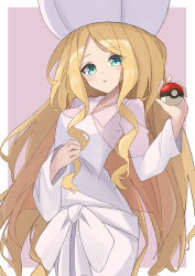 Rule 34 | 1girl, blonde hair, blue eyes, caitlin (pokemon), collared dress, creatures (company), dress, game freak, hat, highres, holding, holding poke ball, long hair, long sleeves, looking at viewer, maud0239, nintendo, open mouth, parted bangs, poke ball, pokemon, pokemon bw, see-through, solo, very long hair, white dress, white hat