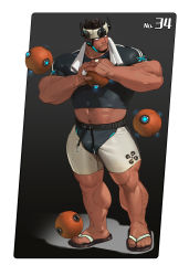 Rule 34 | 1boy, abs, ball, bara, bulge, crop top, dark-skinned male, dark skin, floating, floating object, hairy, headband, highres, looking to the side, male focus, manly, mature male, muscular, muscular male, original, sandals, shorts, simple background, solo, telekinesis, thick arms, thick thighs, thighs, tight clothes, tooboshoo, towel, towel around neck, weapon