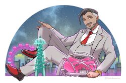 Rule 34 | 1boy, beard, collared shirt, commentary request, creatures (company), earrings, facial hair, from side, game freak, giant, giant male, green eyes, grey jacket, grey pants, grey vest, half-closed eyes, highres, honda (honndamaria), jacket, jewelry, long sleeves, male focus, necktie, nintendo, open clothes, open jacket, pants, pokemon, pokemon swsh, red necktie, rose (pokemon), shirt, shoes, short hair, solo, tie clip, undercut, vest, watch, white shirt, wristwatch