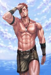 Rule 34 | 1boy, abs, armband, bara, beard, brown eyes, carless (ppanic), cloud, day, eyepatch, facial hair, fire emblem, fire emblem echoes: shadows of valentia, green shorts, highres, jewelry, large pectorals, male focus, muscular, muscular male, navel, necklace, nintendo, nipples, outdoors, pectorals, red hair, saber (fire emblem), short hair, shorts, sky, solo, sweat, topless male