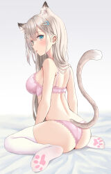 Rule 34 | 1girl, akino ell, animal ears, ass, back, bare shoulders, blue eyes, bra, breasts, cat ears, cat girl, cat tail, extra ears, from behind, grey hair, hair ornament, hairclip, highres, lace, lace-trimmed bra, lace-trimmed panties, lace trim, long hair, looking at viewer, looking back, medium breasts, no shoes, original, panties, parted lips, paw print, paw print socks, pink bra, pink panties, sitting, solo, tail, tail raised, thighhighs, underwear, wariza, white thighhighs