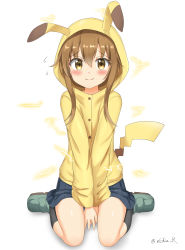Rule 34 | 1girl, absurdres, alternate costume, black socks, blush, brown eyes, brown hair, cosplay, creatures (company), electricity, flying sweatdrops, game freak, gen 1 pokemon, highres, hood, hooded jacket, inazuma (kancolle), jacket, kantai collection, kneehighs, looking at viewer, matching hair/eyes, nedia (nedia region), nintendo, pikachu, pikachu (cosplay), pleated skirt, pokemon, seiza, shoes, simple background, sitting, skirt, smile, socks, solo, twitter username, v arms, white background