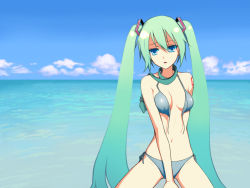 Rule 34 | 1girl, aqua hair, bad id, bad pixiv id, bare shoulders, bikini, blue background, blue bikini, blue eyes, blue theme, breasts, chimachi, cloud, day, hatsune miku, long hair, necktie, ocean, open clothes, outdoors, sky, small breasts, solo, swimsuit, twintails, vocaloid, water