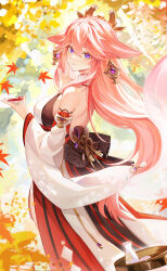Rule 34 | 1girl, absurdres, animal ears, autumn, autumn leaves, backless outfit, bare back, bare shoulders, breasts, chen ying (alan-yut), commentary, cup, detached sleeves, earrings, falling leaves, floppy ears, fox ears, from side, genshin impact, highres, jewelry, large breasts, leaf, long hair, long sleeves, looking at viewer, looking to the side, nontraditional miko, outdoors, pink hair, purple eyes, red skirt, revision, sakazuki, shirt, skirt, smile, solo, upper body, very long hair, white shirt, yae miko