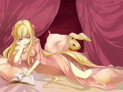 Rule 34 | 1girl, bakusyuu, bare legs, bed, blonde hair, book, bored, head rest, curtains, gosick, hair ribbon, long hair, lying, nightgown, aged up, on side, open book, pillow, reading, ribbon, solo, stuffed animal, stuffed rabbit, stuffed toy, victorica de blois