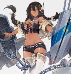 Rule 34 | 1girl, anchor, azur lane, bare shoulders, belt, black hair, braid, breasts, brown eyes, chain, cleavage, commentary request, crop top, dark-skinned female, dark skin, feather hair ornament, feathers, hair between eyes, feather hair ornament, hair ornament, highres, jewelry, large breasts, long hair, looking at viewer, machinery, native american, navel, necklace, shield, short shorts, shorts, solo, south dakota (azur lane), thighhighs, turret, white background, white belt, yuko (uc yuk)