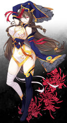 Rule 34 | 1girl, asymmetrical footwear, bandages, bare shoulders, bibyo, breasts, brown hair, chinese clothes, cleavage, covered navel, detached sleeves, frills, hat, jiangshi, jiangshi yui, long hair, long sleeves, looking at viewer, mismatched footwear, red eyes, ring dream, smile, solo, very long hair, wrestling outfit, yin yang