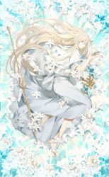 Rule 34 | 1boy, barefoot, barefoot sandals (jewelry), blonde hair, blue background, blue flower, bracer, closed mouth, flower, food fantasy, full body, gold collar, hair between eyes, hair ornament, hairclip, highres, holding, holding hair ornament, jewelry, leaf hair ornament, lily (flower), long hair, looking at viewer, lying, male focus, moussaka (food fantasy), necklace, official art, on side, polearm, robe, shield, short sleeves, sideways glance, smile, solo, spear, third-party source, unworn hair ornament, unworn hairclip, very long hair, weapon, white eyes, white flower, white lily, white robe, wide sleeves