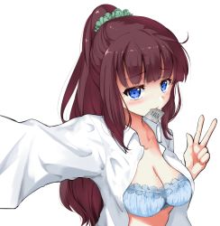 Rule 34 | 10s, 1girl, blue bra, blue eyes, blush, bra, breasts, brown hair, cleavage, collarbone, collared shirt, condom, condom in mouth, dress shirt, hair ornament, hair scrunchie, long hair, looking at viewer, medium breasts, mole, mole on breast, mouth hold, new game!, open clothes, open shirt, outstretched arms, ponytail, reaching, reaching towards viewer, revision, rocha (aloha ro cha), scrunchie, selfie, shirt, simple background, solo, takimoto hifumi, underwear, upper body, w, white background, wing collar