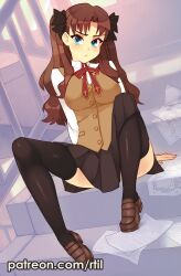 Rule 34 | 1girl, :t, absurdres, black ribbon, black skirt, black thighhighs, blue eyes, breasts, brown footwear, brown hair, brown vest, commentary, fate/stay night, fate (series), full body, hair ribbon, highres, homurahara academy school uniform, indoors, long hair, long sleeves, looking at viewer, mary janes, medium breasts, paper, patreon username, pleated skirt, pout, ribbon, rtil, school uniform, shirt, shoes, sidelocks, sitting, skirt, solo, spread legs, stairs, thighhighs, tohsaka rin, twintails, vest, white shirt