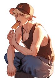 Rule 34 | 1boy, akimoto 28, alternate costume, bakugou katsuki, bare arms, bare shoulders, baseball cap, black hat, black tank top, blonde hair, blue pants, blurry, boku no hero academia, commentary, earrings, eating, english commentary, food, hat, highres, holding, holding food, indian style, jewelry, looking at viewer, male focus, open mouth, pants, pectoral cleavage, pectorals, popsicle, short hair, simple background, sitting, solo, spiked hair, sweat, tank top, tongue, tongue out, white background