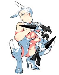 Rule 34 | 1boy, animal ears, bare shoulders, blue eyes, boots, rabbit ears, carrot, dated, gloves, high heel boots, high heels, highres, kinako (marubotan), leotard, looking at viewer, male focus, male playboy bunny, nipple slip, nipples, open mouth, original, simple background, solo, squatting, thigh boots, thighhighs, white background, white footwear, white gloves, yellow pupils
