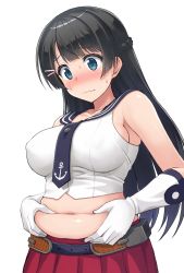Rule 34 | 1girl, agano (kancolle), agano (kancolle) (cosplay), anchor symbol, belly, belly grab, belt, black hair, black necktie, blue eyes, blush, braid, breasts, closed mouth, commentary, cosplay, covered erect nipples, cowboy shot, cropped shirt, embarrassed, french braid, frown, furrowed brow, gloves, hair ornament, hairclip, highres, hormone koijirou, kantai collection, large breasts, long hair, looking down, midriff, navel, necktie, nijisanji, pleated skirt, plump, red skirt, sailor collar, shirt, simple background, skirt, sleeveless, sleeveless shirt, solo, straight hair, sweat, sweatdrop, nervous sweating, taut clothes, taut shirt, tsukino mito, virtual youtuber, wavy mouth, weight conscious, white background, white gloves, white shirt
