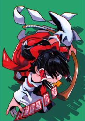Rule 34 | 1girl, belt, black hair, bow, closed mouth, clothing request, detached sleeves, fighting stance, from above, gohei, green background, hair bow, hair tubes, hakurei reimu, highres, inuyama konan, japanese clothes, light smile, long hair, looking at viewer, ofuda, paper, ponytail, red belt, red bow, ribbon-trimmed sleeves, ribbon trim, sidelocks, simple background, solo, touhou, white sleeves, wide sleeves