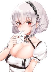 Rule 34 | 1girl, anchor choker, artist request, azur lane, breasts, cleavage, envelope, hair between eyes, highres, holding, holding envelope, large breasts, looking at viewer, red eyes, short hair, short sleeves, simple background, sirius (azur lane), solo, upper body, white background, white hair
