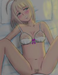 Rule 34 | 1girl, ahoge, artoria pendragon (all), artoria pendragon (fate), bad id, bad pixiv id, bed, blonde hair, blue eyes, blush, bottomless, bra, breasts, cleavage, fate/stay night, fate (series), female pubic hair, green eyes, half-closed eyes, implied sex, indoors, lingerie, looking at viewer, lying, missionary, morinokomichi, navel, no panties, on back, pillow, pov, pubic hair, pussy, saber (fate), sex, short hair, small breasts, solo, spread legs, thighs, uncensored, underwear, vaginal