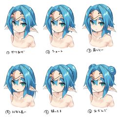 Rule 34 | 1girl, alternate hair length, alternate hairstyle, aqua eyes, blue hair, blush, closed mouth, collarbone, cropped torso, double bun, hair between eyes, hair bun, hair intakes, headpiece, hellmatio, karukan (monjya), long hair, looking at viewer, multiple views, parted lips, pointy ears, ponytail, shinrabanshou, simple background, smile, thick eyebrows, translation request, upper body, white background
