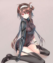 Rule 34 | 1girl, absurdres, black footwear, black gloves, black leotard, black thighhighs, blush, breasts, brown hair, covered navel, full body, garter straps, girls&#039; frontline, gloves, hair ribbon, hairband, hand on own thigh, highres, huge filesize, kneeling, leotard, long hair, mechanical arms, parted lips, pottsness, red eyes, ribbon, serious, sidelocks, simple background, single mechanical arm, small breasts, solo, thighhighs, thighs, type 79 (girls&#039; frontline), white hairband, white ribbon