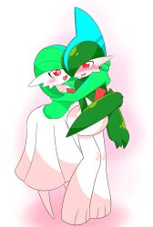 Rule 34 | 1boy, 1girl, :3, absurdres, blue hair, blush, bob cut, breasts, collarbone, colored skin, creatures (company), ear blush, embarrassed, eye contact, gallade, game freak, gardevoir, gen 3 pokemon, gen 4 pokemon, green hair, green skin, hair over one eye, happy, heart, heart-shaped pupils, hetero, highres, hug, hug from behind, kanimiso na double, leaning forward, legs, legs together, looking at another, looking back, mohawk, multicolored hair, multicolored skin, nervous, nervous smile, nintendo, nose blush, one eye covered, open mouth, pokemon, pokemon (creature), raised eyebrows, red eyes, short hair, simple background, small breasts, smile, sweat, symbol-shaped pupils, two-tone background, two-tone hair, two-tone skin, v-shaped eyebrows, white background, white skin