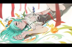 Rule 34 | 1girl, absurdres, blue eyes, blue hair, commentary, english commentary, flower, hair over one eye, hatsune miku, highres, leg up, letterboxed, long hair, looking at viewer, lying, nail polish, on back, oria, red nails, solo, vocaloid