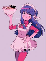 Rule 34 | 1girl, blush stickers, bowl, chinese clothes, food, hair ornament, hand on own hip, highres, holding, holding bowl, light smile, long hair, looking at viewer, menma (enaic31), noodles, purple hair, ramen, ranma 1/2, red eyes, shampoo (ranma 1/2), smile, solo, standing