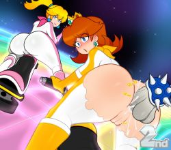 Rule 34 | 2girls, :o, alternate costume, alternate hairstyle, anal, ass, ass focus, ass shake, biker clothes, bikesuit, blonde hair, blue eyes, blue shell (mario), blush, bodysuit, boots, cleft of venus, closed mouth, crown, cum, cum in ass, doggystyle, earrings, elbow gloves, erection, eyelashes, eyes visible through hair, feet out of frame, flipped hair, flower earrings, from behind, furrowed brow, gloves, glowing, hair tie, half-closed eyes, hand up, hover bike, huge ass, jewelry, knee boots, large penis, large testicles, legs apart, lips, long sleeves, looking at another, looking away, looking back, mario (series), mario kart, mario kart 8, medium hair, motor vehicle, motorcycle, multiple girls, nintendo, no headwear, on motorcycle, open mouth, orange hair, penis, pink bodysuit, pink footwear, pink gloves, pink lips, pink scarf, ponytail, princess daisy, princess peach, pussy, racing suit, rainbow road, riding, scarf, scocks4you, sex, sex from behind, shell, sky, smile, smug, sound effects, spiked shell, spikes, star (sky), starry sky, testicles, thick thighs, thighs, torn bodysuit, torn clothes, uncensored, veins, veiny penis, white bodysuit, wide hips, yellow bodysuit, yellow footwear, yellow gloves, yellow scarf