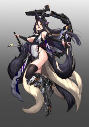 Rule 34 | 1girl, animal ears, black hair, black thighhighs, blonde hair, breasts, covered navel, detached sleeves, fox ears, fox girl, gradient background, highres, large breasts, long hair, multicolored hair, multiple tails, orange eyes, original, solo, tail, thighhighs, two-tone hair, yoshizawa tsubaki