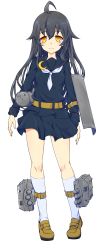 Rule 34 | 1girl, absurdres, ahoge, belt, black hair, black serafuku, breasts, brown footwear, crescent, crescent pin, drum (container), full body, highres, kantai collection, kneehighs, kukurus, loafers, long hair, looking at viewer, machinery, mikazuki (kancolle), necktie, orange eyes, pleated skirt, school uniform, serafuku, shield, shoes, simple background, skirt, small breasts, smile, socks, solo, standing, torpedo launcher, transparent background, turret, white background, white necktie, white socks