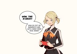 Rule 34 | 1girl, alternate hairstyle, black jacket, black skirt, blonde hair, blue eyes, cellphone, commentary, eightyfourart, english commentary, english text, highres, holding, holding phone, jacket, lisa silverman, long sleeves, orange ribbon, parted lips, persona, persona 2, persona 2 tsumi, phone, ribbon, school uniform, seven sisters high school uniform, simple background, skirt, smile, solo, speech bubble, turtleneck, twintails, upper body
