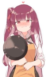 Rule 34 | 1girl, apron, black dress, blush, breasts, brown apron, closed mouth, collared shirt, commentary, dress, frying pan, girls&#039; frontline, hair ribbon, highres, holding, long hair, long sleeves, looking at viewer, medium breasts, nose blush, one eye closed, red eyes, red hair, red neckwear, red ribbon, ribbon, shirt, simple background, sleeveless, sleeveless dress, sleeves pushed up, solo, tosyeo, very long hair, wa2000 (girls&#039; frontline), white background, white shirt