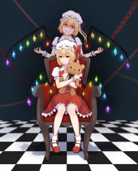 Rule 34 | 2girls, absurdres, armchair, blonde hair, chain, chair, checkered floor, crystal, dark persona, dual persona, evil grin, evil smile, flandre scarlet, full body, glowing, grin, hat, hat ribbon, highres, looking at viewer, mary janes, mob cap, multiple girls, puffy sleeves, red eyes, ribbon, shaded face, shi yu mu yun, shirt, shoes, short sleeves, side ponytail, sitting, skirt, skirt set, smile, socks, stuffed animal, stuffed toy, teddy bear, touhou, vest, white legwear, wings, wrist cuffs